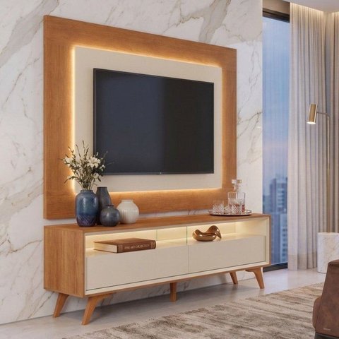 Rack com Painel para TV até 58 Polegadas com LED 100% MDF Pés em Madeira Maciça Austria