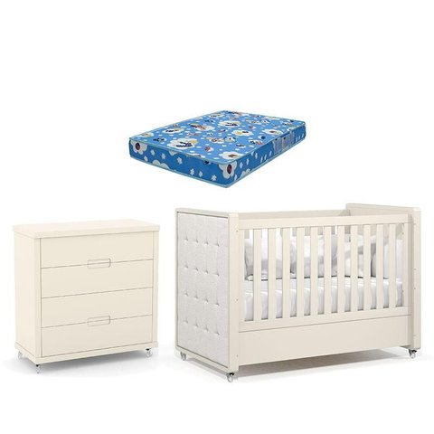Berço Americano com Capitonê New Boucle e Cômoda Gaveteiro Infantil Tutto New Off White e Colchão Or