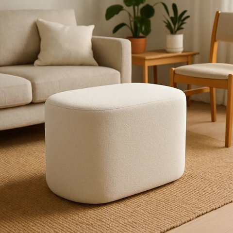 Banco Puff Oval Off White Estilo Moderno Sala Contemporânea Tecido Blouclé