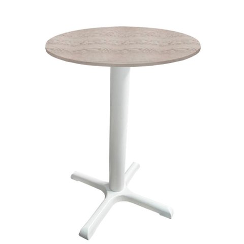 Mesa Ômega Ferro Branco 74cm (alt) Base X Tampo Mdp Redondo Castanheira 80cm (larg) X 2,50cm (alt)
