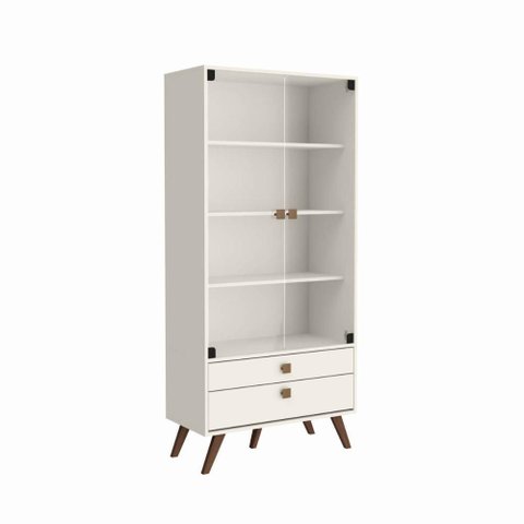 Cristaleira Retrô Off White com 2 Gavetas Portas de Vidro e Pés Palito Rt 3151 Movelbento