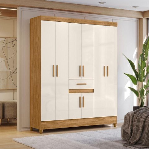 Guarda Roupa Casal Aster 8 Portas de Bater 1 Gaveta MDP com Espelho Freijó Off White Moval Móveis