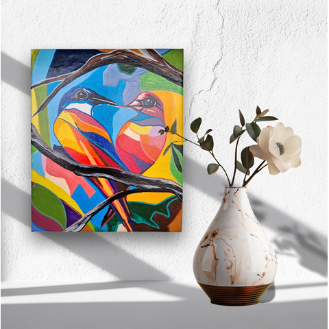 Mini Quadro Artesanal Decorativo com 2 Pássaros Pintado a Mão Medindo 30x25cm