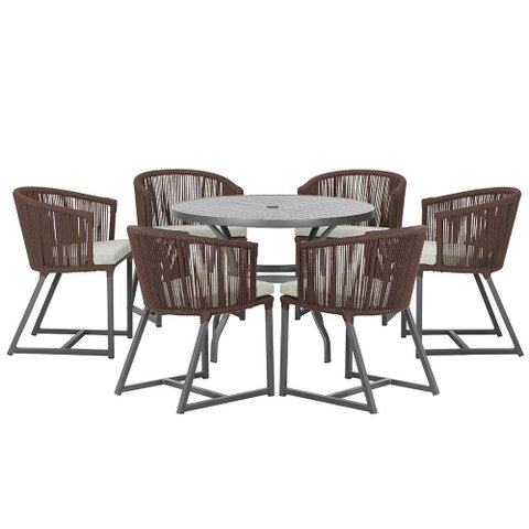 Mesa com 6 Cadeiras de Jantar Roma 120cm e Noronha em Alumínio Preto Corda Náutica Estofado 3 Trama