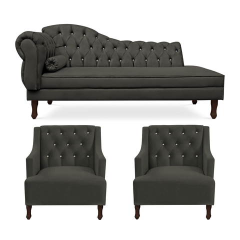 Kit Divã Cancun 140cm Braço Direito + 2 Poltronas Genesis com Strass Suede: Marrom