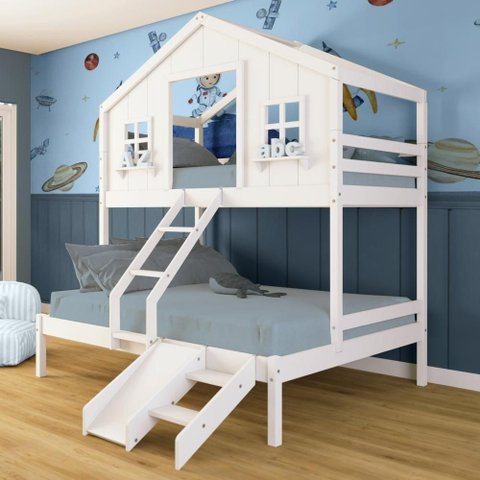 Beliche Casal/ Solteiro Casinha Dos Sonhos com Kit Escada/ Escorregador Madeira Maciça Branco