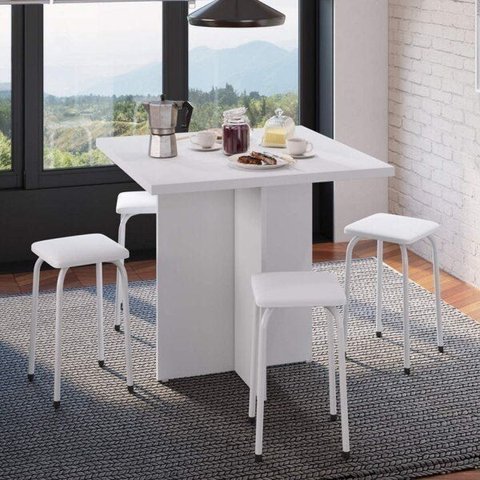 Conjunto Mesa e 4 Bancos Estofados Verona Branco