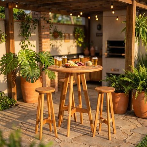 Conjunto Bistrô Mesa Alta Redonda 80cm e 3 Banquetas Madeira Maciça Área Externa – Arveni