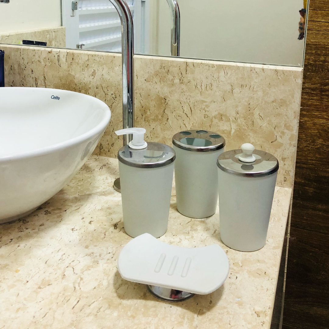 Kit Banheiro Aço Inox Lavabo Decorado 4 Peças Saboneteira:Gelo - 5