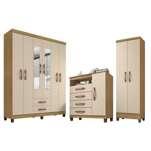 Kit Guarda Roupa 6P 2G c/ Espelho, Cômoda  1P 4G e Armário Multiuso 2P Carvalho Off White Clique Chi