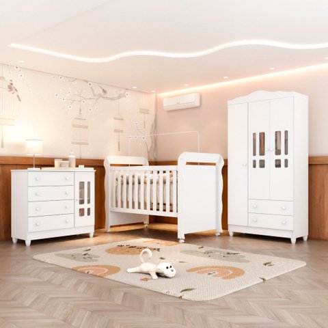 Quarto Bebê Completo Berço 3 em 1 Mirelle Guarda Roupa 3 Portas Cômoda 4 Gavetas 1 Porta MDF Branco