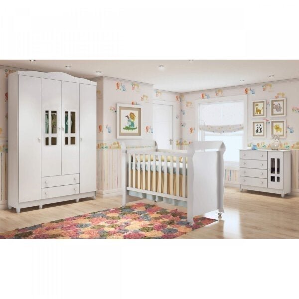 Quarto de Bebê com Guarda-Roupas 4 Portas, Cômoda Fraldário e Berço Mini Cama Ariel Mirelle Espresso Branco