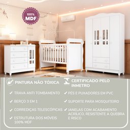 Quarto Bebê Completo Berço 3 em 1 Mirelle Guarda Roupa 4 Portas Cômoda 4 Gavetas 1 Porta MDF  - 20