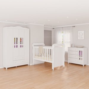 Quarto de Bebê com Guarda-Roupas 4 Portas, Cômoda Fraldário e Berço Mini Cama Ariel Mirelle Espresso Branco