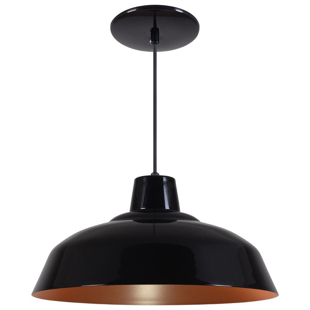 Pendente Retrô 34cm Luminária Lustre Alumínio Preto Brilhante C/ Cobre - T&T Iluminação