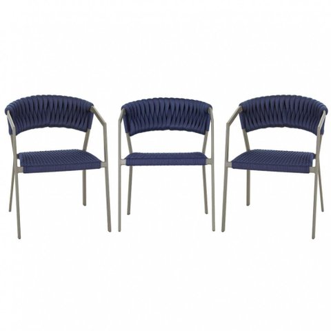 3 Cadeiras Tricô Náutico e Alumínio Uv para Varanda Cozinha Azul