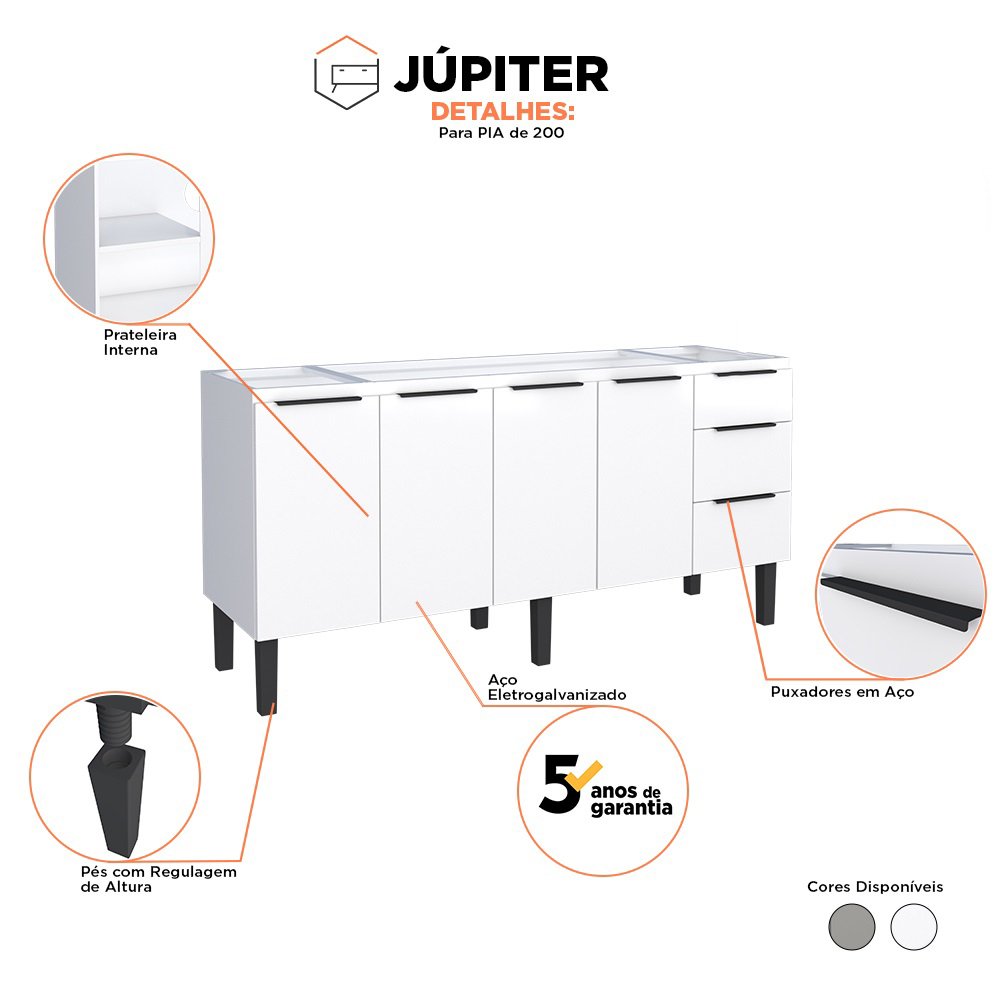 Gabinete Cozinha em Aço Júpiter 200 3 Gavetas Branco - Cozimax