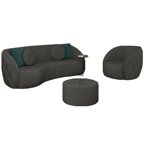 Conjunto Decorativo Sofá 288cm e Poltrona Clarke com Puff Round Veludo Cinza - Gran Belo