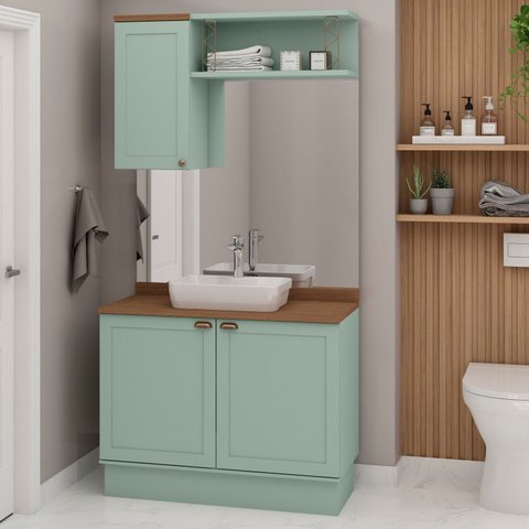 Conjunto de Banheiro Modulado 100% MDF Americano 3 Peças Iluminata Verde/Mint/Ébano