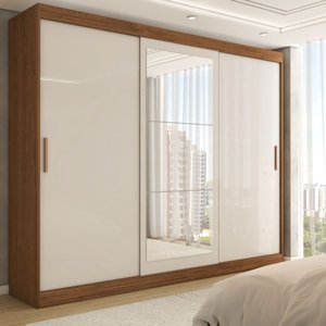 Guarda-roupa Casal Harvard 3 Portas 2 Gavetas com Espelho 100% Mdf Off White/nogueira - Panorama Móv