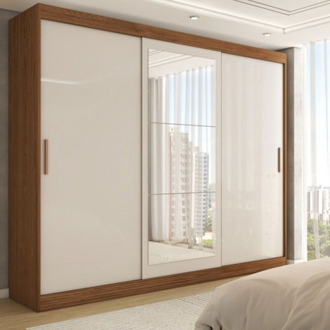 Guarda-roupa Casal Harvard 3 Portas 2 Gavetas com Espelho 100% Mdf Off White/nogueira - Panorama Móv