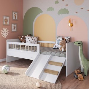 Cama Montessoriana de Solteiro com Escada e Escorrega Linha Affetto Aft010 Completa Móveis-branco