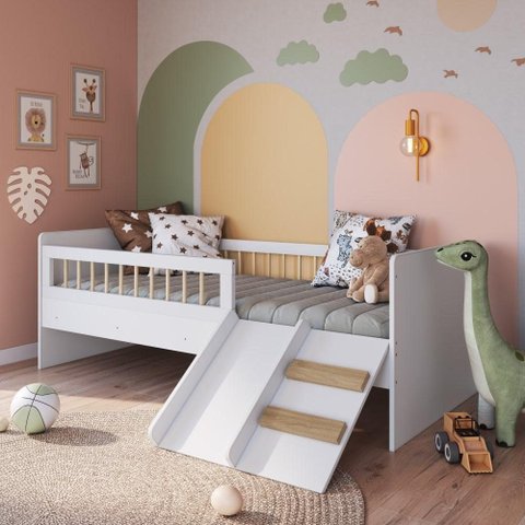 Cama Infantil Montessoriana com Escada e Escorregador Linha Affetto Branco - Completa Móveis