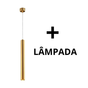 Lustre Luminária Pendente Tubo Tubeto Dourado Brilhante 40cm + Lâmpada de Led Inl69