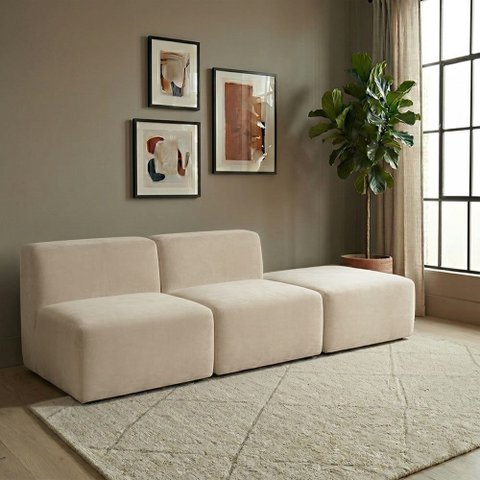 Sofá Modular Boucle Kit 3 Módulos 2 Meios e Chaise Espuma Premium Sala a Vácuo 2,31m - Marfim