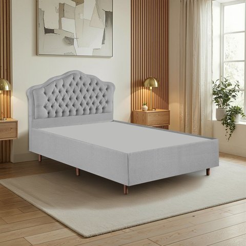 Kit Cama Box Casal + Cabeceira Estofada em Madeira Maciça Curva Provençal com Capitonê Cinza/Linho