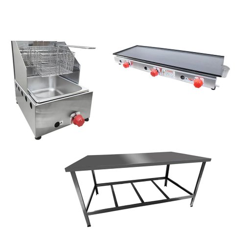 Kit Lanchonete Mesa de Manipulação 120x55cm + Fritadeira a Gás 1 Cuba + Chapa a Gás 90cm