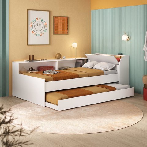 Cama Solteiro com Nicho e Cama Auxiliar Aria Espresso Móveis