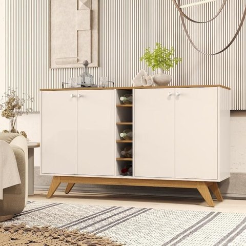 Balcão Buffet Jocasta 4 Portas com Adega para Sala de Estar e Jantar Off/cedro