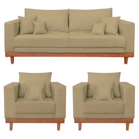 Kit 2 Poltronas Living + Sofá 3 Lugares com Base Madeira Suede Cor:capuccino