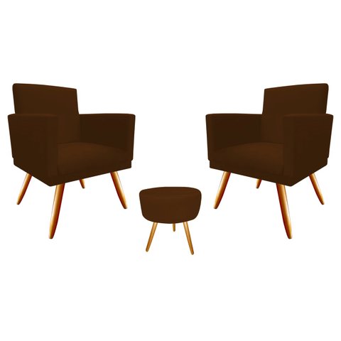 Kit 2 Poltronas Decorativa Nina + Puff Redondo Suede Marrom Pés Madeira Mz Decor