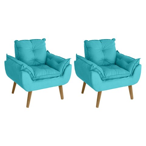 Kit 02 Poltrona/cadeira Decorativa Glamour Opala com Pés Quadrado Azul Turquesa