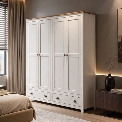 Guarda Roupa Casal 4 Portas 2 Gavetas Madeira Maciça Mazzaro F06 Branco Freijó - Lyam Decor