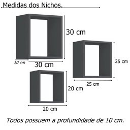 Kit 3 Nichos Decorativo Mdf Quadrado Quarto Sala Decoração Escritório Casa - Preto Tx - 3