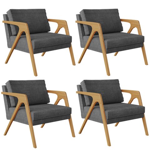 Kit 4 Poltrona Decorativa para Sala Pietra Estrutura de Madeira L02 Linho Cinza Escuro - Lyam