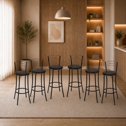 Kit 6 Banquetas Altas Pretas com Assento Estofado e Encosto para Bancada Cozinha Preto