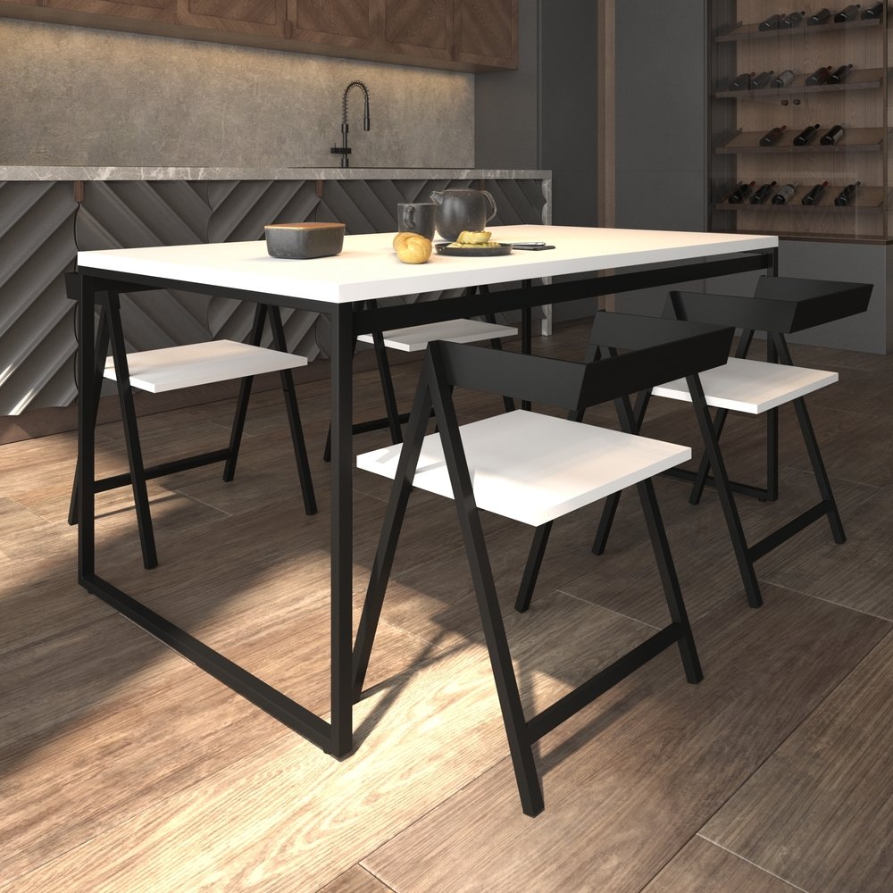 Mesa Branca para 4 Lugares Madeira Metal Sala de Jantar Cozinha Retangular Base Preta 160x90cm - 2