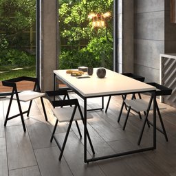 Mesa Branca para 4 Lugares Madeira Metal Sala de Jantar Cozinha Retangular Base Preta 160x90cm - 1