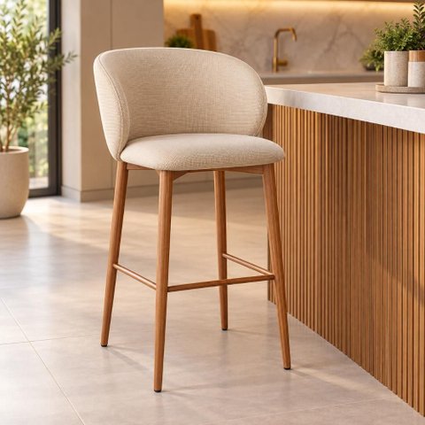 Banqueta Alta Firenze Linho Creme Aço Efeito Madeira para Bancada Gourmet