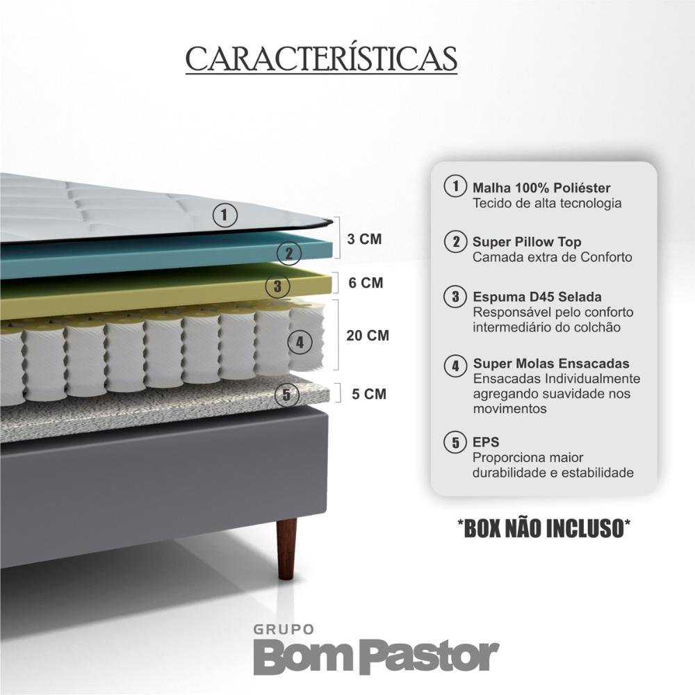 Colchão Casal Molas Ensacadas Vision Cinza 138x188x34 Bom Pastor - 3