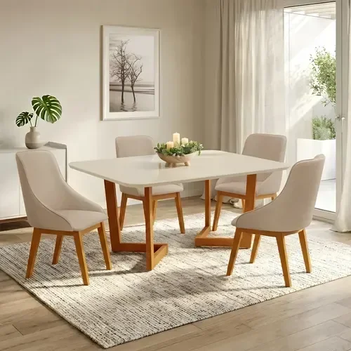 Conjunto Mesa Jantar 1,60m Off-White 4 Cadeira Verona Linho Bege Luxo