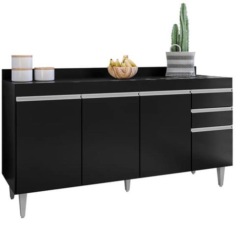 Balcão para Cozinha 160 cm com Tampo 4 Portas Lena Preto