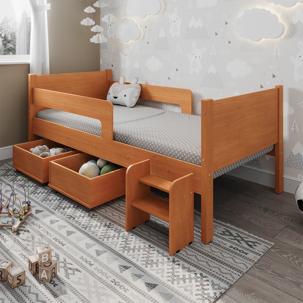 Cama Infantil Premium com 2 Baus Organizador e Escada Luna Plus Nature