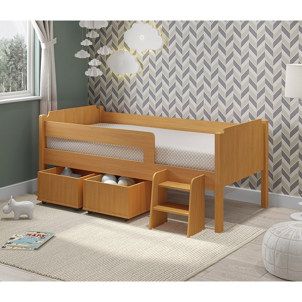 Cama Infantil Premium com 2 Baus Organizador e Escada Luna Plus Nature