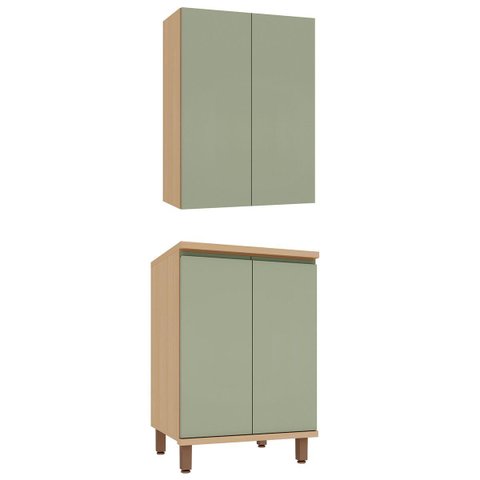 Kit Armário Aéreo e Balcão 100% MDF 60 cm 2 Portas Lótus Carvalho/Verde