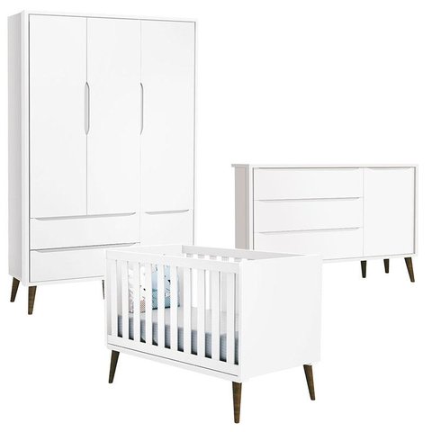 Quarto de Bebê Theo 3 Portas com Cômoda com Porta Branco Acetinado com Pés Amadeirado - Reller